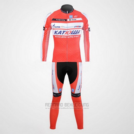 2012 Fahrradbekleidung Katusha Wei und Orange Trikot Langarm und Tragerhose - zum Schließen ins Bild klicken